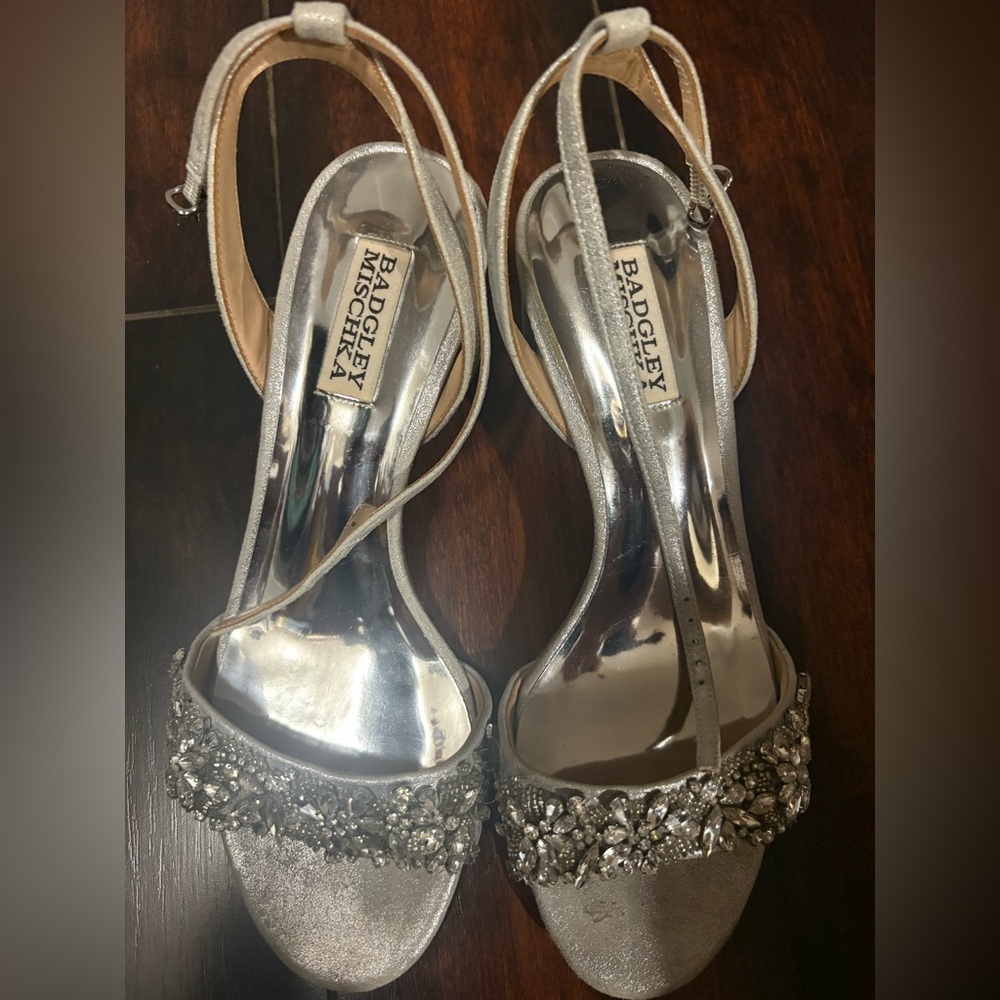 Badgley Mischka Silver Jeweled Strappy Evening Heels